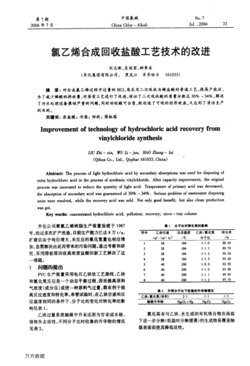 氯乙烯合成回收鹽酸工藝技術(shù)的改進(jìn)