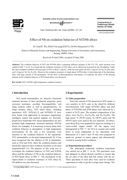 Effect of Nb on oxidation behavior of NiTiNb alloys