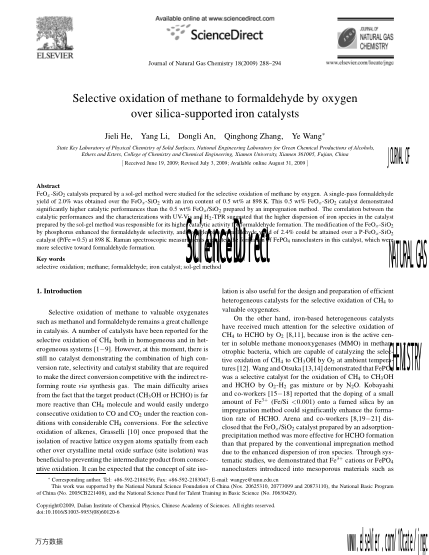 Selective oxidation of methane to formaldehyde by oxygen over silica-supported iron catalysts