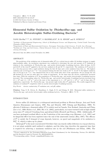 Elemental Sulfur Oxidation by Thiobacillus spp.and Aerobic Heterotrophic Sulfur-Oxidizing Bacteria