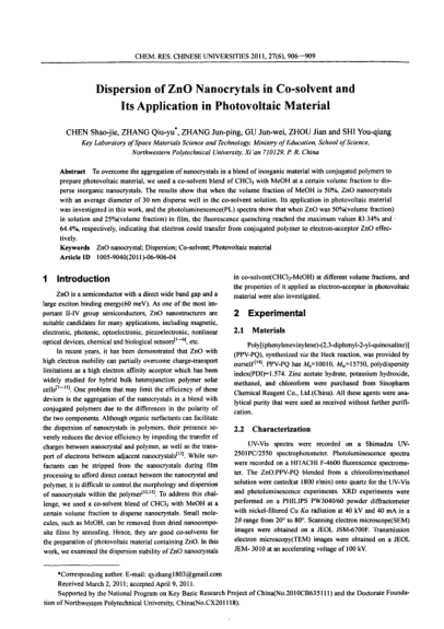 Dispersion of ZnO Nanocrytals in Co-solvent and Its Application in Photovoltaic Material