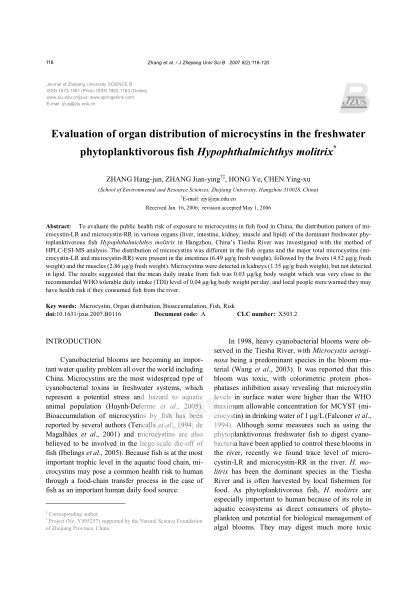 Evaluation of organ distribution of microcystins in the freshwater phytoplanktivorous fish Hypophtha
