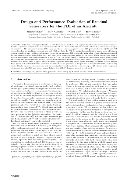 Design and Performance Evaluation of Residual Generators for the FDI of an Aircraft