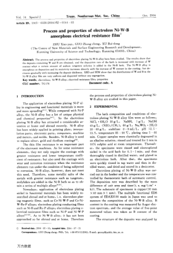 Process and properties of electroless Ni-W-B amorphous electrical resistance film