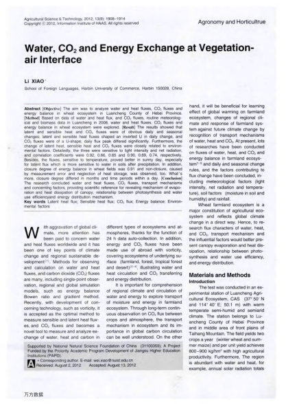 Water, CO2 and Energy Exchange at Vegetation-air Interface