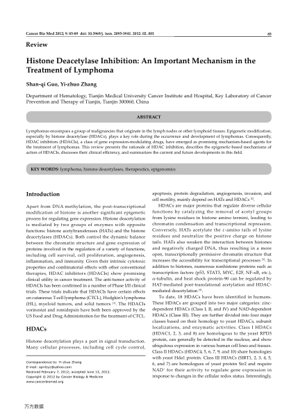 Histone Deacetylase Inhibition: An Important Mechanism in the Treatment of Lymphoma