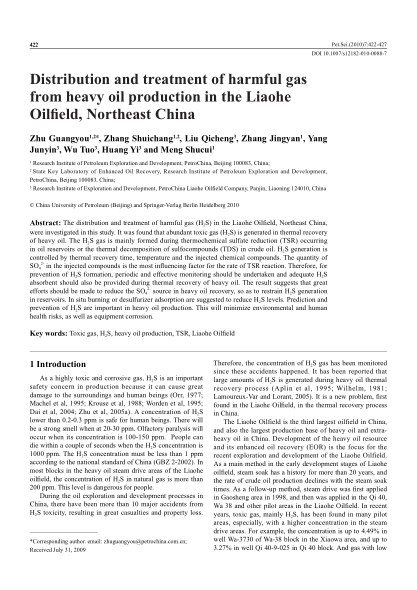 Distribution and treatment of harmful gas from heavy oil production in the Liaohe Oilfield,Northeast