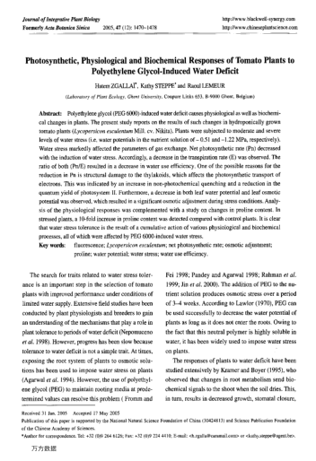 Photosynthetic, Physiological and Biochemical Responses of Tomato Plants to Polyethylene Glycol-Indu