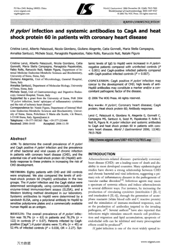 H pylori infection and systemic antibodies to CagA and heat shock protein 60 in patients with corona