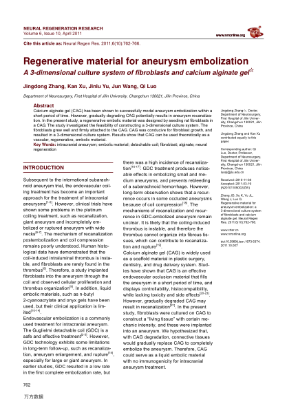 Regenerative material for aneurysm embolization A 3-dimensional culture system of fibroblasts and ca