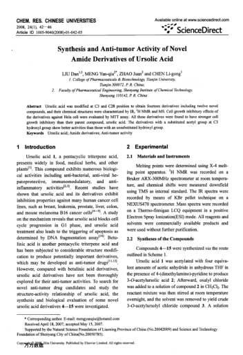 Synthesis and Anti-tumor Activity of Novel Amide Derivatives of Ursolic Acid