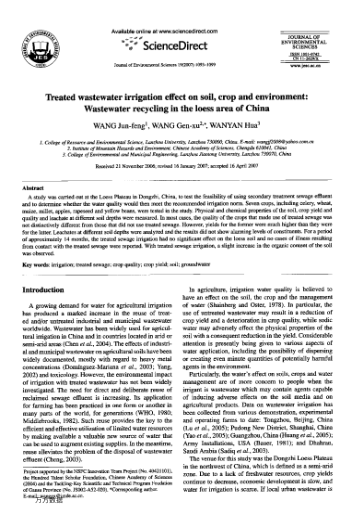 Treated wastewater irrigation effect on soil,crop and environment: Wastewater recycling in the loess