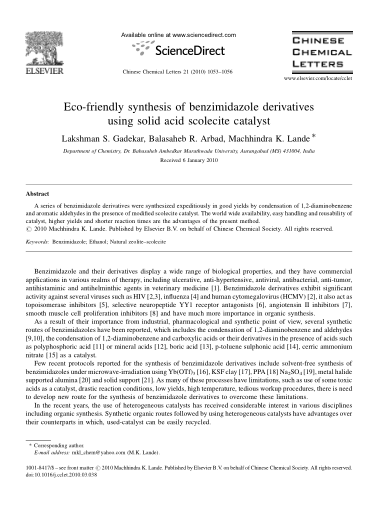 Eco-friendly synthesis of benzimidazole derivatives using solid acid scolecite catalyst