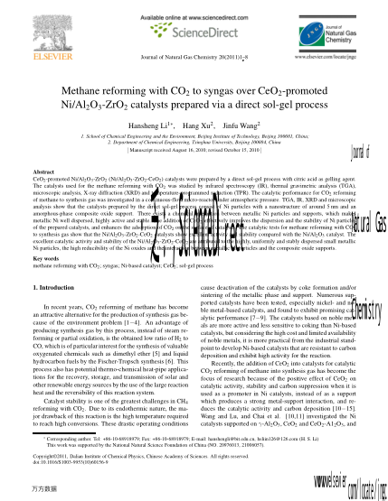 Methane reforming With CO2 to syngas over CeO2-promoted Ni/Al2O3-ZrO2 catalysts Prepared Via a direc