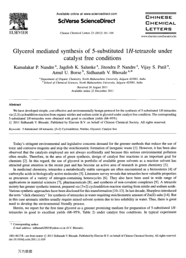 Glycerol mediated synthesis of 5-substituted 1H-tetrazole under catalyst free conditions