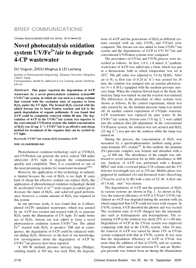 Novel photocatalysis oxidation system UV/Fe2+/air to degrade 4-CP wastewater