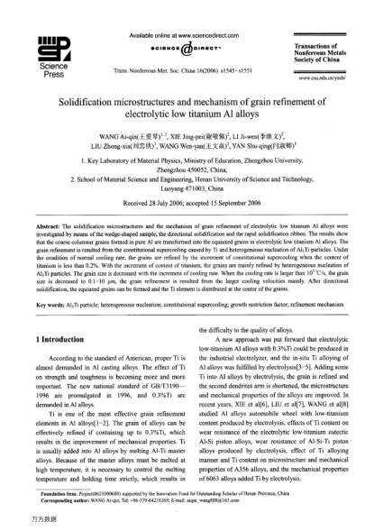 Solidification microstructures and mechanism of grain refinement of electrolytic low titanium Al all