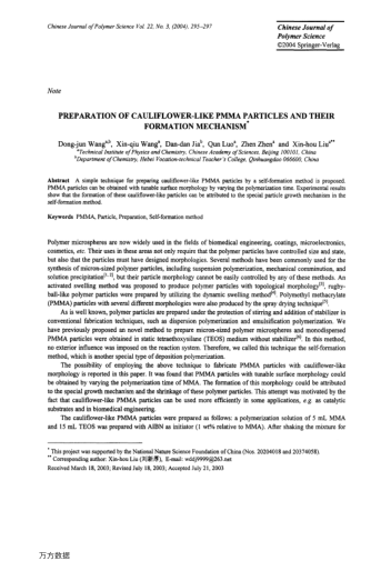 PREPARATION OF CAULIFLOWER-LIKE PMMA PARTICLES AND THEIR FORMATION MECHANISM