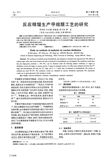反應(yīng)精餾生產(chǎn)甲縮醛工藝的研究
