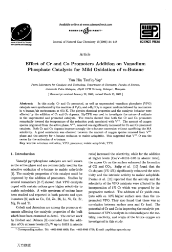 Effect of Cr and Co Promoters Addition on Vanadium Phosphate Catalysts for Mild Oxidation of n-Butan