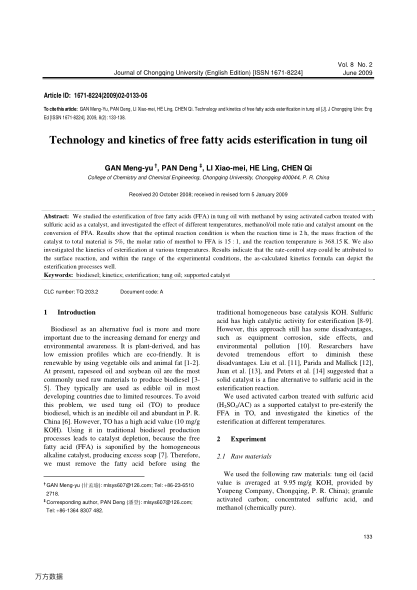 Technology and kinetics of free fatty acids esterification in tung oil