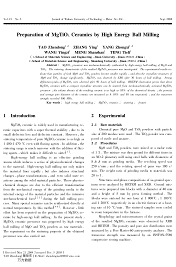Preparation of MgTiO3 Ceramics by High Energy Ball Milling