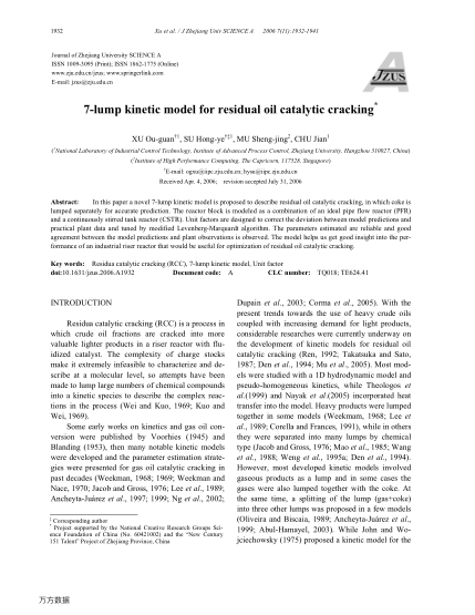 7-lump kinetic model for residual oil catalytic cracking