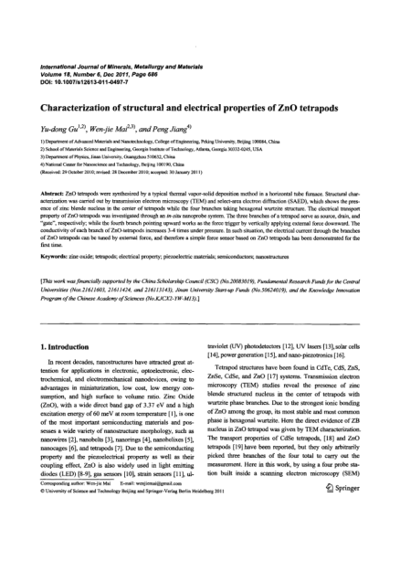 Characterization of structural and electrical properties of ZnO tetrapods