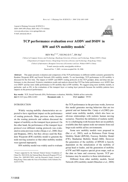 TCP performance evaluation over AODV and DSDV in RW and SN mobility models