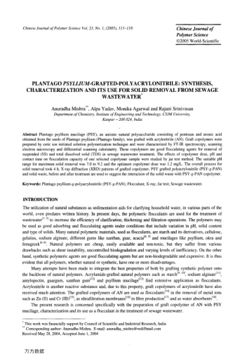 PLANTAGO PSYLLIUM-GRAFTED-POLYACRYLONITRILE: SYNTHESIS,CHARACTERIZATION AND ITS USE FOR SOLID REMOVA