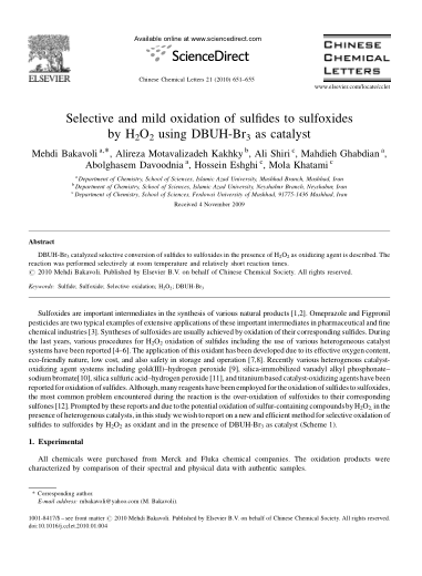 Selective and mild oxidation of sulfides to sulfoxides by H2O2 using DBUH-Br3 as catalyst