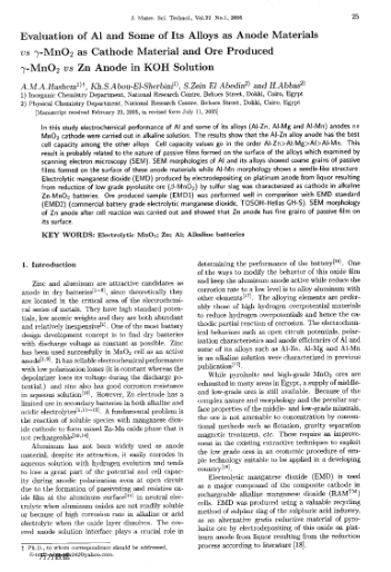Evaluation of Al and Some of Its Alloys as Anode Materials vs γ-MnO2 as Cathode Material and Ore Pro