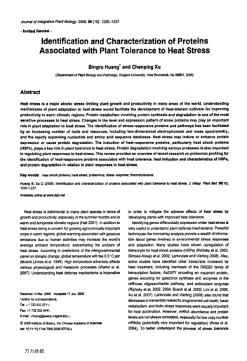 Identification and Characterization of Proteins Associated with Plant Tolerance to Heat Stress