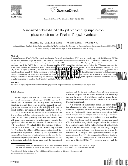 Nanosized cobalt-based catalyst prepared by supercritical phase condition for Fischer-Tropsch synthe