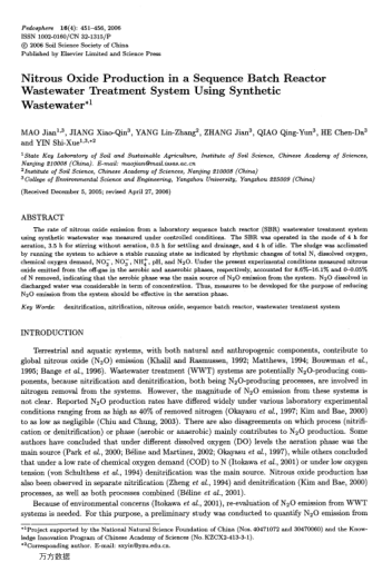 Nitrous Oxide Production in a Sequence Batch Reactor Wastewater Treatment System Using Synthetic Was