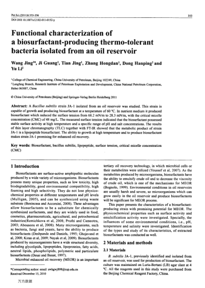 Functional characterization of a biosurfactant-producing thermo-tolerant bacteria isolated from an o