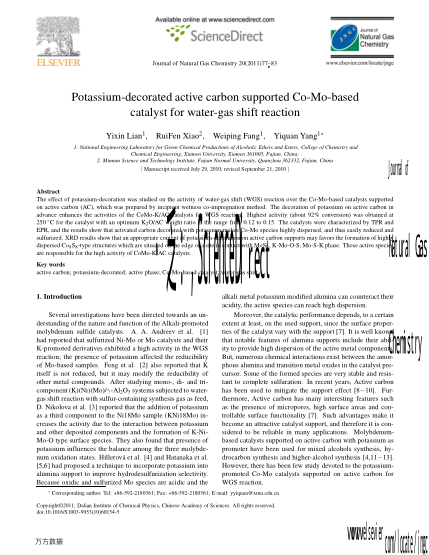 Potassium-decorated active carbon supported Co-Mo-based catalyst for water-gas shift reaction