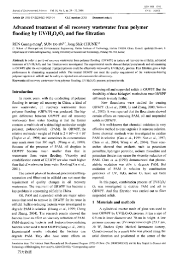 Advanced treatment of oil recovery wastewater from polymer flooding by UV/H2O2/O3 and fine filtratio