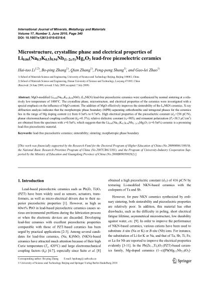 Microstructure, crystalline phase and electrical properties of Li0.06(Na0.5K0.5)0.94Nb(1-2x/5)MgxO3 