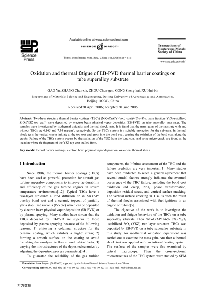 Oxidation and thermal fatigue of EB-PVD thermal barrier coatings on tube superalloy substrate