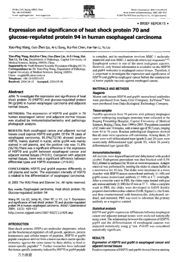 Expression and significance of heat shock protein 70 and glucose-regulated protein 94 in human esoph