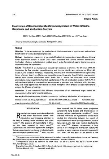 Inactivation of Resistant Mycobacteria mucogenicum in Water: Chlorine Resistance and Mechanism Analy