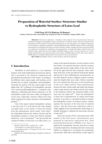 Preparation of Material Surface Structure Similar to Hydrophobic Structure of Lotus Leaf