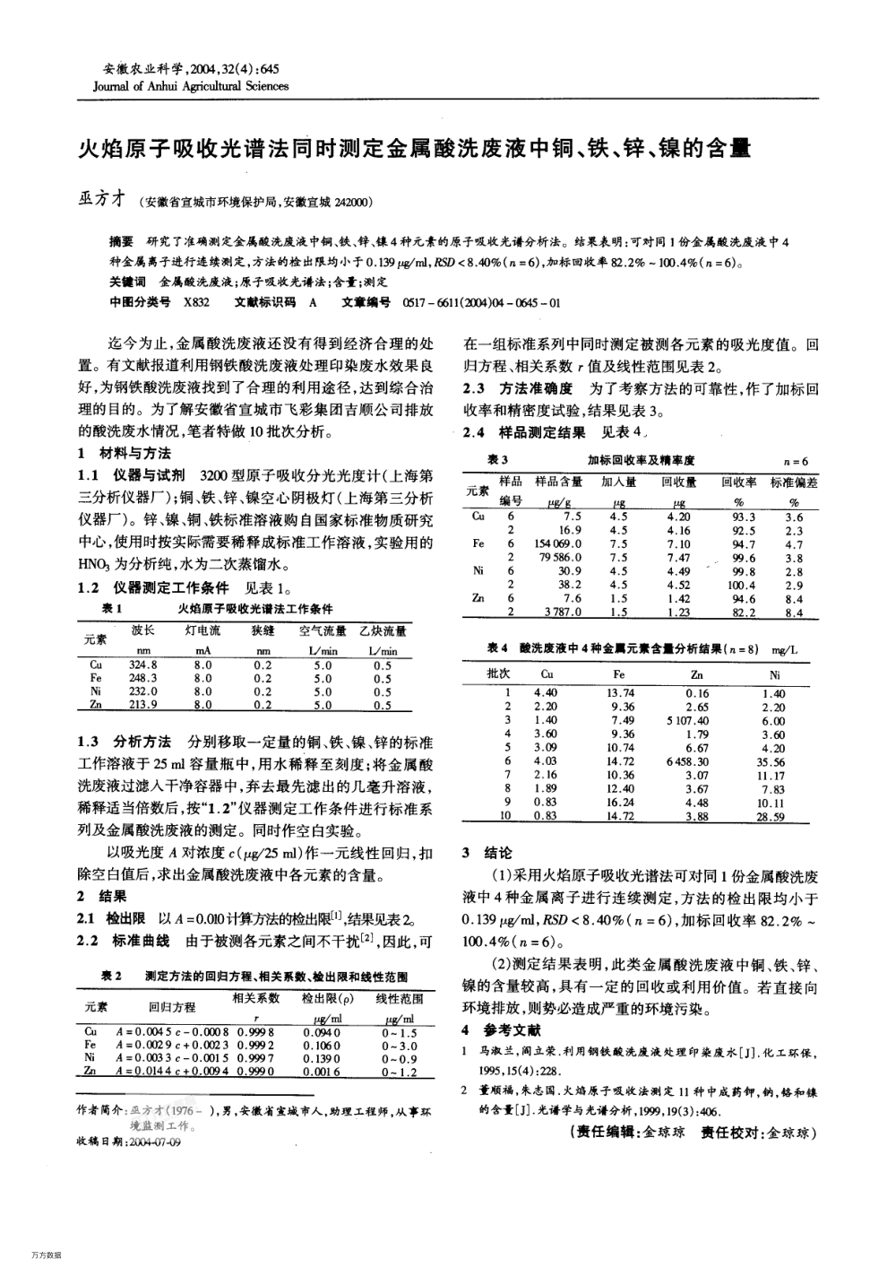 火焰原子吸收光譜法同時(shí)測定金屬酸洗廢液中銅、鐵、鋅、鎳的含量