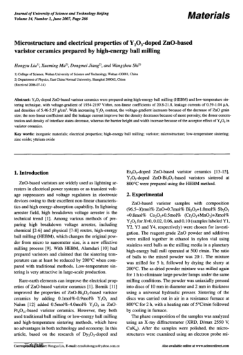 Microstructure and electrical properties of Y2O3-doped ZnO-based varistor ceramics prepared by high-