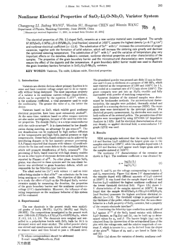 Nonlinear Electrical Properties of SnO2-Li2O-Nb2O5 Varistor System
