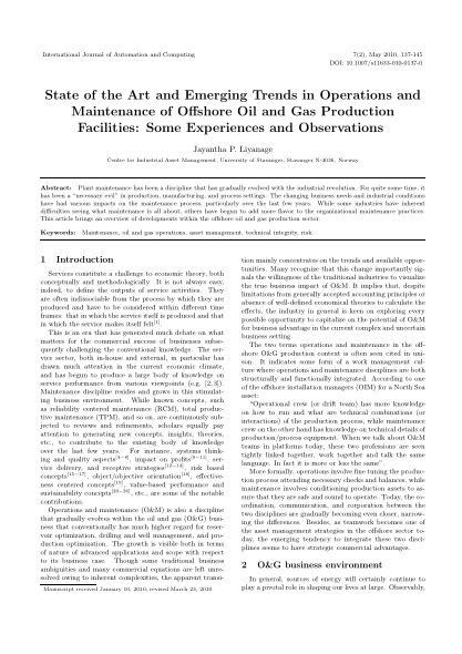 State of the Art and Emerging Trends in Operations and Maintenance of Offshore Oil and Gas Productio