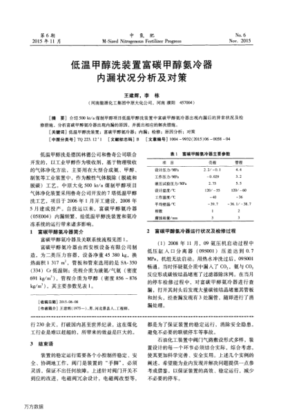 低溫甲醇洗裝置富碳甲醇氨冷器內(nèi)漏狀況分析及對策