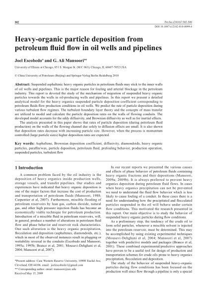 Heavy-organic particle deposition from petroleum fluid flow in oil wells and pipelines