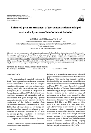 Enhanced primary treatment of low-concentration municipal wastewater by means of bio-flocculant Pull